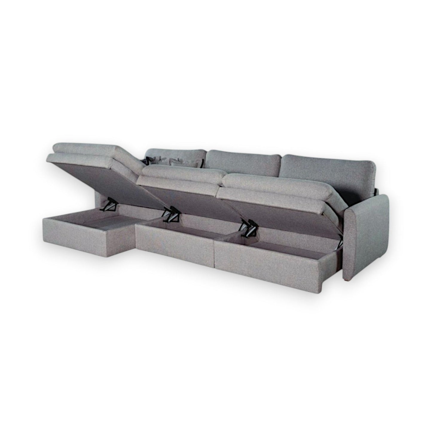 Sofá Chaise Porto Com Sistema Retrátil Sem Caixa e Sistema Baú nos assentos em Tecido Linho Cinza Médio Braços Finos de 10cm Vista Frente Baús Abertos Medidas 2,30m, 2,60m, 2,90m, 3,20m, 3,50m e 3,80m – Grand Mobile Móveis - Loja Mooca e Tatuapé - Cidade de São Paulo estado de SP