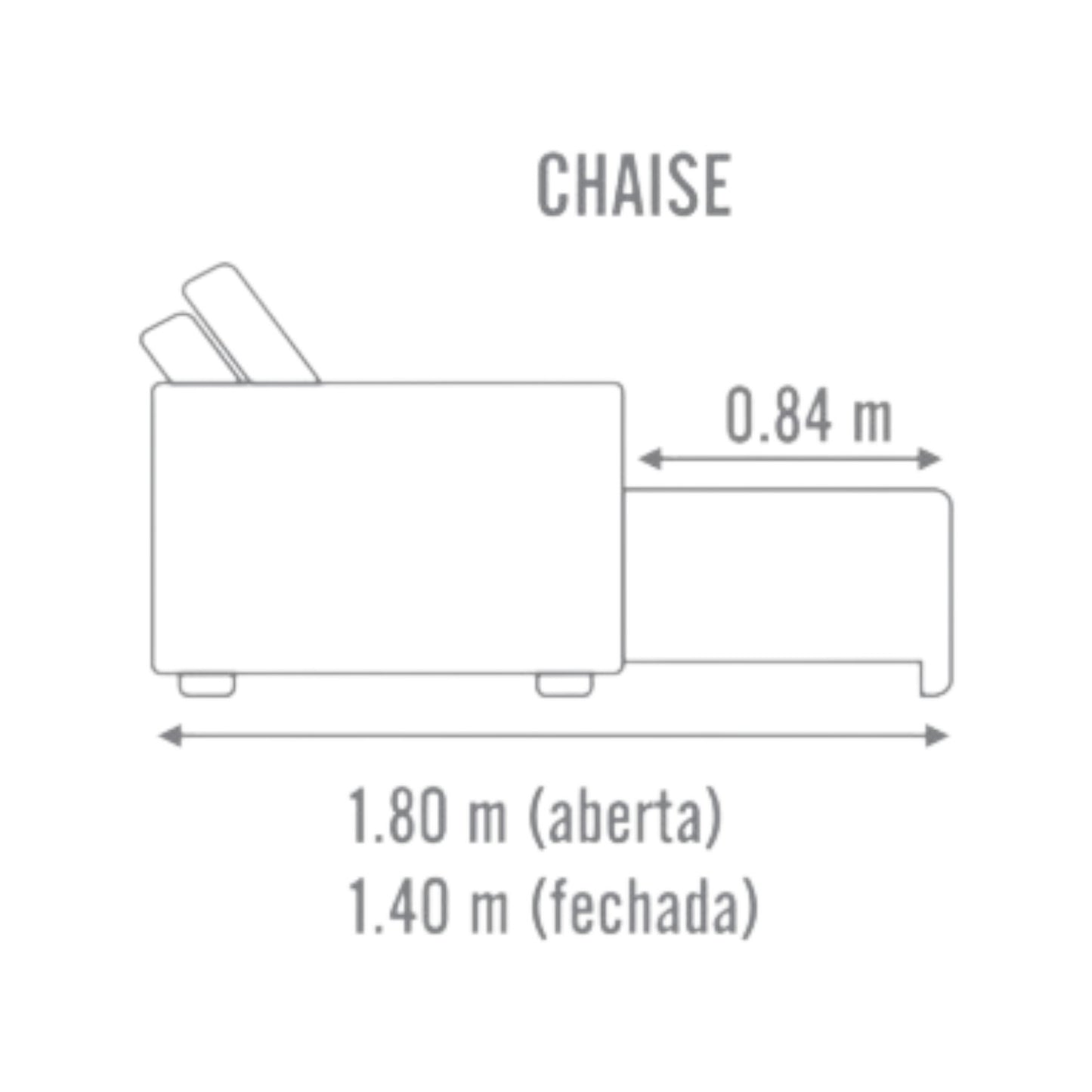 Sofá Chaise Porto Com Sistema Retrátil Sem Caixa e Sistema Baú nos assentos em Tecido Linho Cinza Médio Braços Finos de 10cm Desenho Técnico Lateral Profundidade Chaise Aberto Medidas 2,30m, 2,60m, 2,90m, 3,20m, 3,50m e 3,80m – Grand Mobile Móveis - Loja Mooca e Tatuapé - Cidade de São Paulo estado de SP