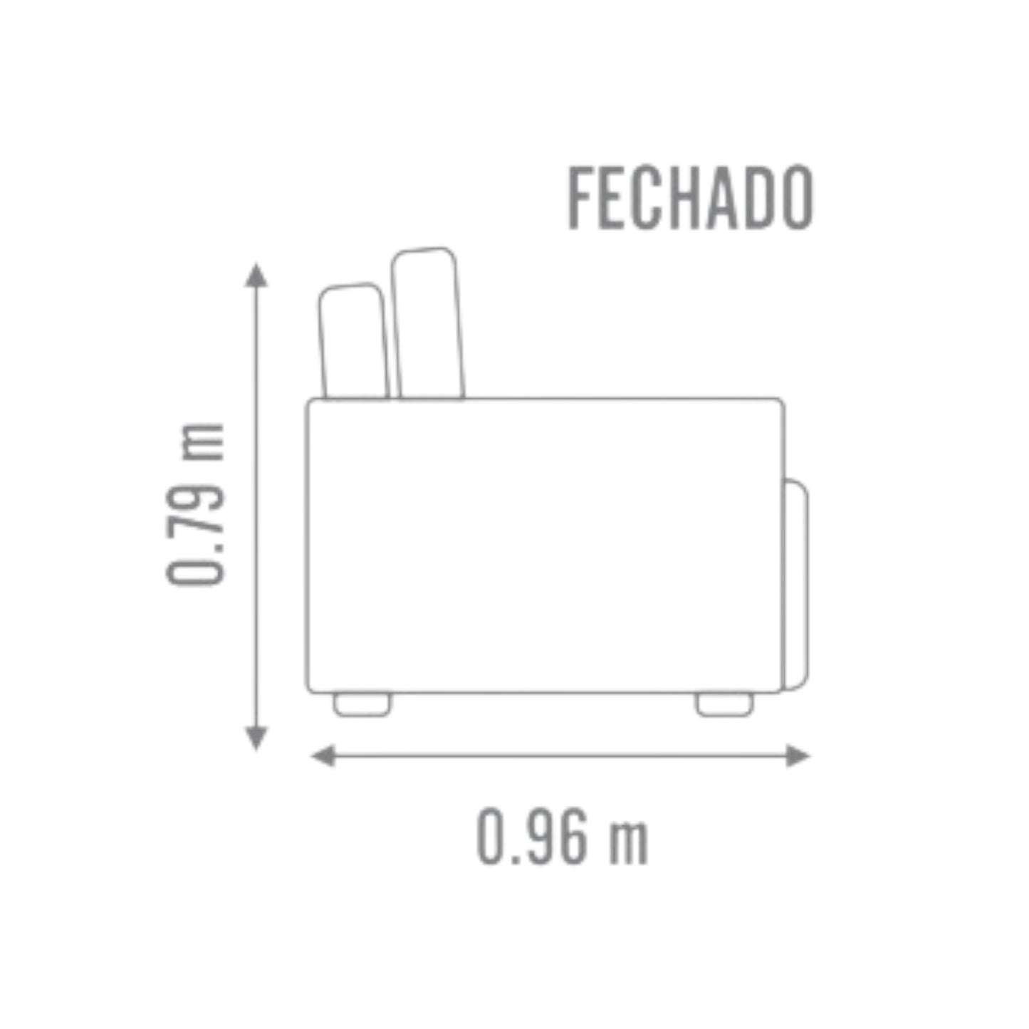 Sofá Chaise Porto Com Sistema Retrátil Sem Caixa e Sistema Baú nos assentos em Tecido Linho Cinza Médio Braços Finos de 10cm Desenho Técnico Lateral Profundidade Fechado Medidas 2,30m, 2,60m, 2,90m, 3,20m, 3,50m e 3,80m – Grand Mobile Móveis - Loja Mooca e Tatuapé - Cidade de São Paulo estado de SP