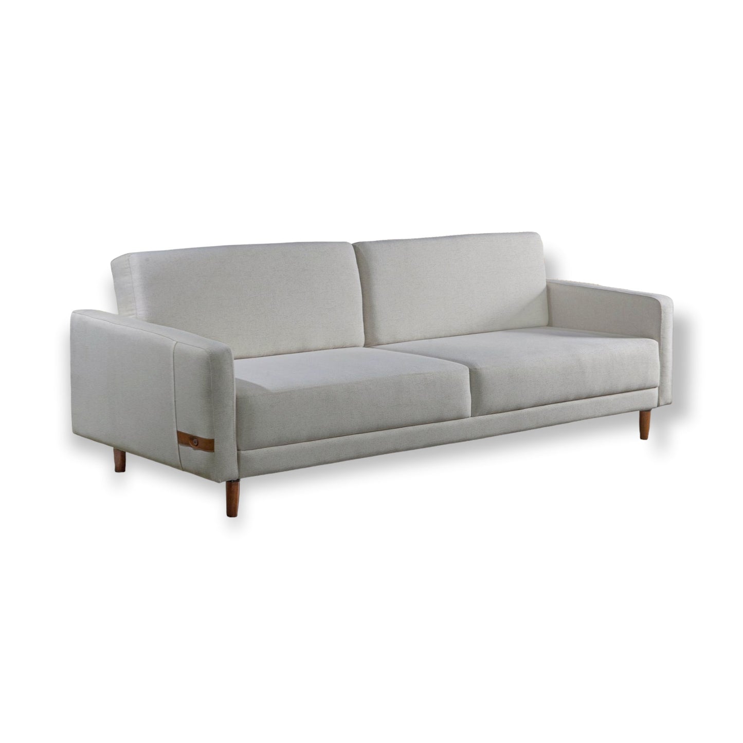 Sofá Gabi fixo living estilo design moderno contemporâneo braços finos 10cm detalhe detalhe de tira de couro ecológico tecido linho cru pés madeira castanho espuma d33 medidas 2,00m, 2,20m e 2,40m, 5, 4 e 3 lugares – Grand Mobile Móveis – Loja de Móveis e Decorações no bairro da Mooca e Tatuapé na cidade de São Paulo no estado de SP