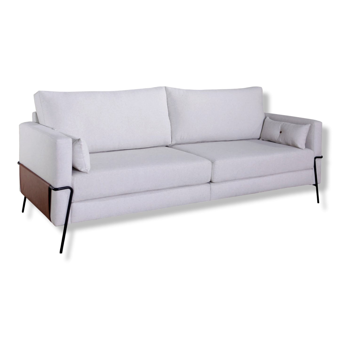 ofá Living Fixo Pot Tecido Bege Cru, design industrial moderno e contemporâneo, nas opções de medidas 1,55m, 2,10m, 2,40m e 2,80m, 2, 3, 4 e 5 lugares, detalhe braços couro ecológico marrom, pés ferro preto, confortável e elegante - Grand Mobile Móveis - Loja de Móveis e Decorações na cidade de São Paulo no estado de SP