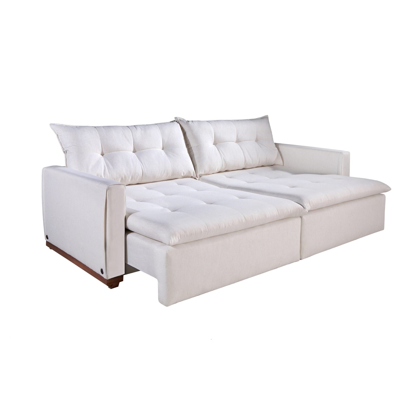 Compacto Sofá Retrátil Sem Caixa Veludo Bege Creme Pillow Top Almofadas Soltas opções medidas: 1,64m (2 assento 0,70m), 1,84m (2 assentos 0,80m), 2,04m (2 assentos 0,90m), 2,24m (2 assentos 1,00m), 2,44m (2 assentos 1,10m), 2,64m (2 assentos 1,20m) 0,95m profundidade fechado, 1,40m aberto, espuma D28, molas, pillow top, braço pequeno fino 0,12m - Grand Mobile Móveis - Loja de Móveis e Decorações no bairro da Mooca e Tatuapé na cidade de São Paulo no estado de SP