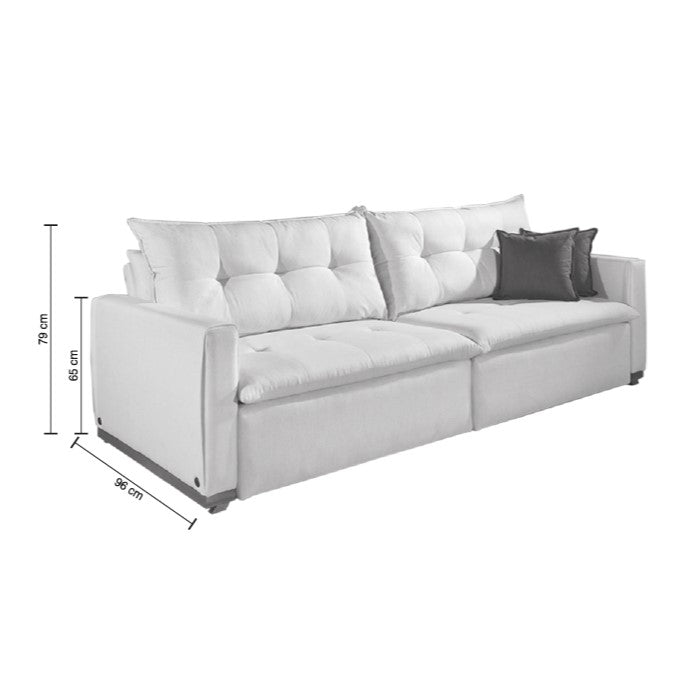 Compacto Sofá Retrátil Sem Caixa Veludo Bege Creme Pillow Top Almofadas Soltas opções medidas: 1,64m (2 assento 0,70m), 1,84m (2 assentos 0,80m), 2,04m (2 assentos 0,90m), 2,24m (2 assentos 1,00m), 2,44m (2 assentos 1,10m), 2,64m (2 assentos 1,20m) 0,95m profundidade fechado, 1,40m aberto, espuma D28, molas, pillow top, braço pequeno fino 0,12m - Grand Mobile Móveis - Loja de Móveis e Decorações no bairro da Mooca e Tatuapé na cidade de São Paulo no estado de SP