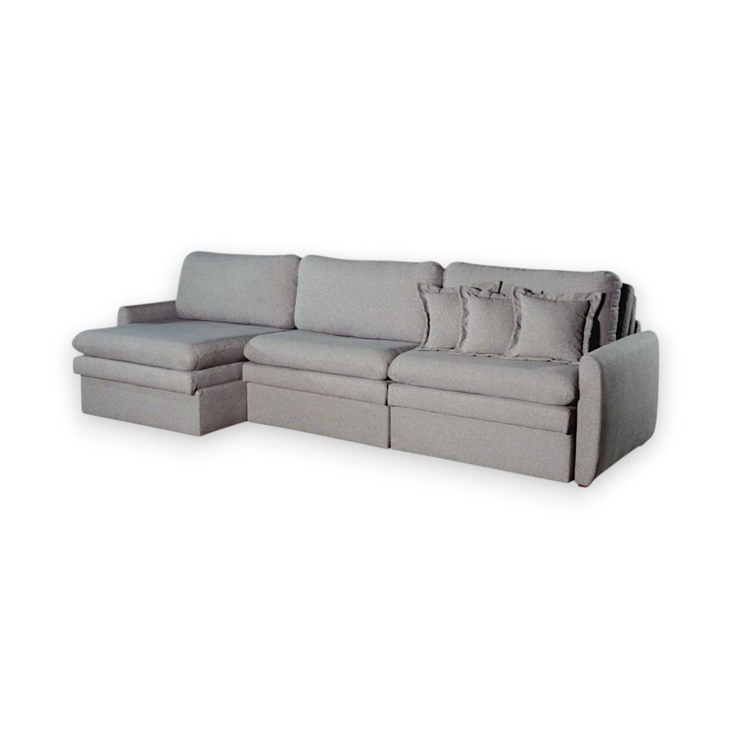 Sofá Chaise Porto Com Sistema Retrátil Sem Caixa e Sistema Baú nos assentos em Tecido Linho Cinza Médio Braços Finos de 10cm Vista Frente Medidas 2,30m, 2,60m, 2,90m, 3,20m, 3,50m e 3,80m – Grand Mobile Móveis - Loja Mooca e Tatuapé - Cidade de São Paulo estado de SP