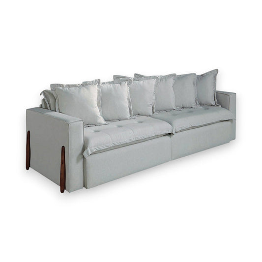 Sofá Pro Retrátil Sem Caixa em Tecido Veludo Bege Claro Creme visto de frente fechado Módulos 70cm, 80cm, 90cm, 1,00m, 1,10m, 1,20m, braços de 15cm com detalhes em madeira nas laterais Medidas dos Sofás 1,70m, 1,90m, 2,10m, 2,30m, 2,50m e 2,70m Grand Mobile Móveis Lojas Bairros Mooca Tatuapé Cidade de São Paulo estado de SP 