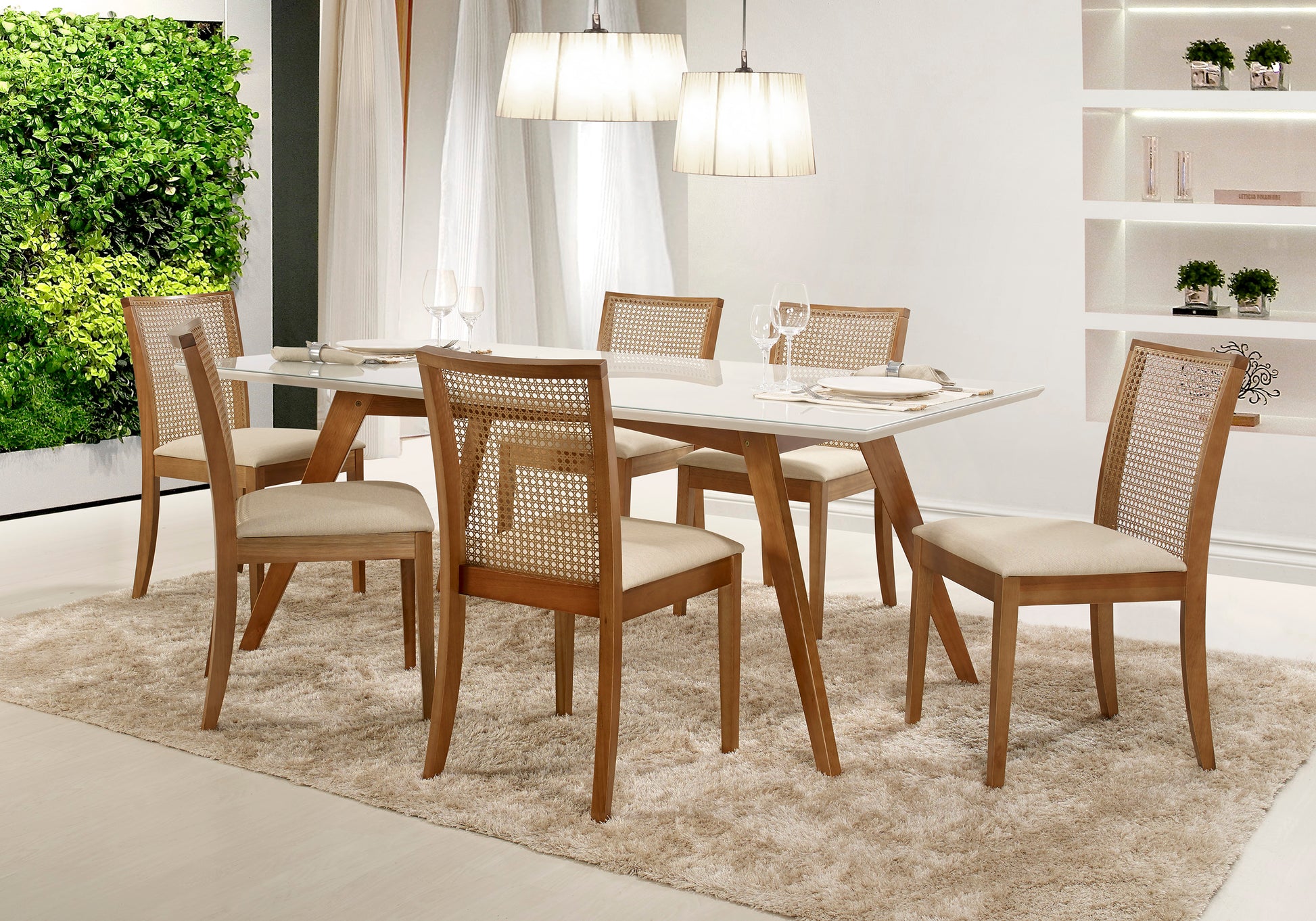 Conjunto Mesa Retangular Lem Tampo Reto Laca Vidro Off White ou Branco Base Madeira Castanho Claro e 6 Cadeiras Encosto Palha Natural Sextavada e Linho Cru - Grand Mobile Móveis - Loja de Móveis e Decorações no bairro da Mooca e Tatuapé na cidade de São Paulo no estado de SP