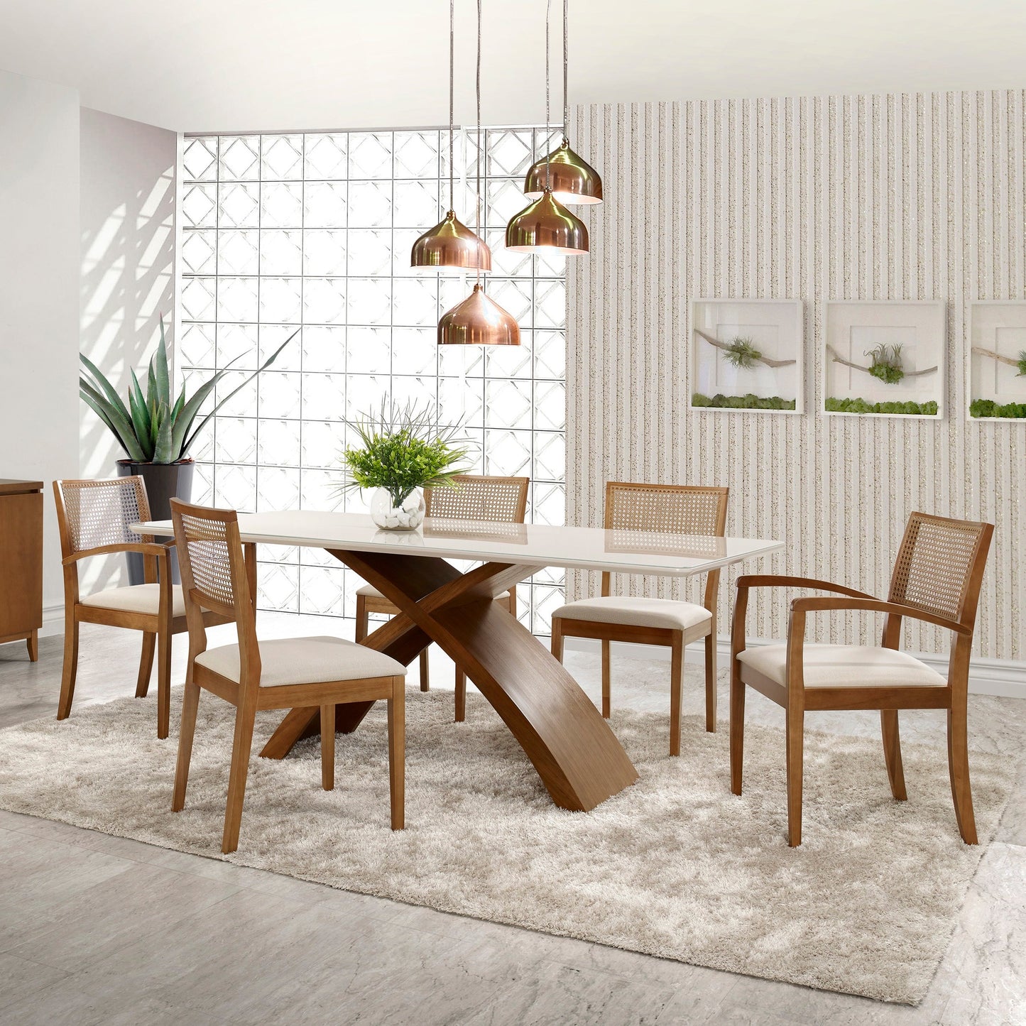 Conjunto Mesa Retangular Lis Tampo Reto Laca Vidro Off White ou Branco Base X Madeira Castanho Claro e 4 Cadeiras e 2 Poltronas Encosto Palha Natural Sextavada e Linho Cru - Grand Mobile Móveis - Loja de Móveis e Decorações no bairro da Mooca e Tatuapé na cidade de São Paulo no estado SP