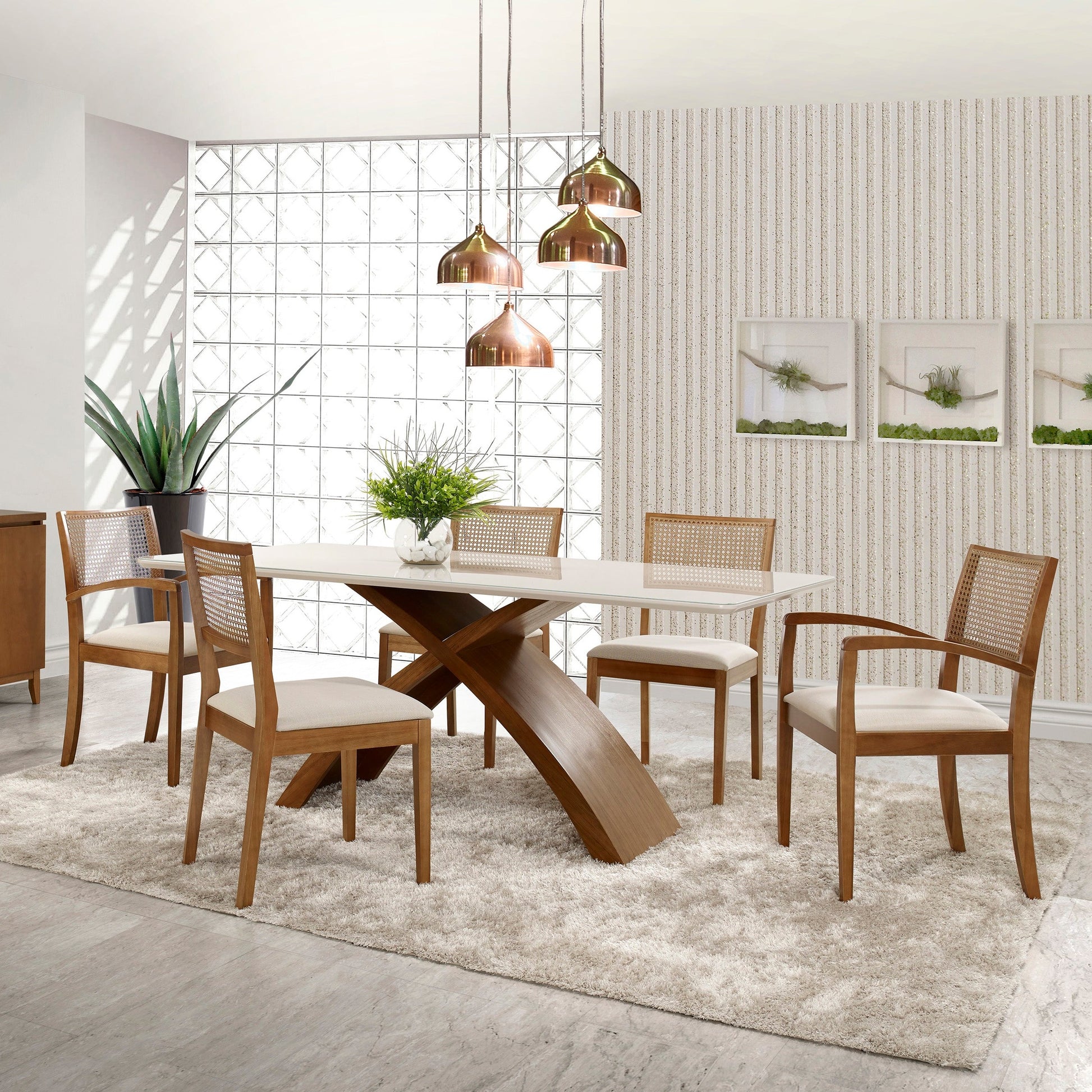 Conjunto Mesa Retangular Lis Tampo Reto Laca Vidro Off White ou Branco Base X Madeira Castanho Claro e 4 Cadeiras e 2 Poltronas Encosto Palha Natural Sextavada e Linho Cru - Grand Mobile Móveis - Loja de Móveis e Decorações no bairro da Mooca e Tatuapé na cidade de São Paulo no estado SP