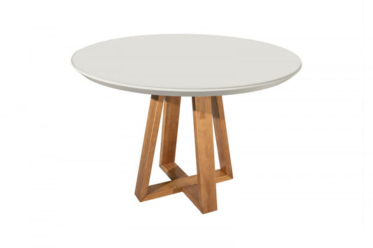 Mesa Redonda Bennett Madeira Cinamomo Laca Off White e Vidro 1,15m - Grand Mobile Móveis, - Loja de Móveis - Mooca, Tatuapé, Água Rasa