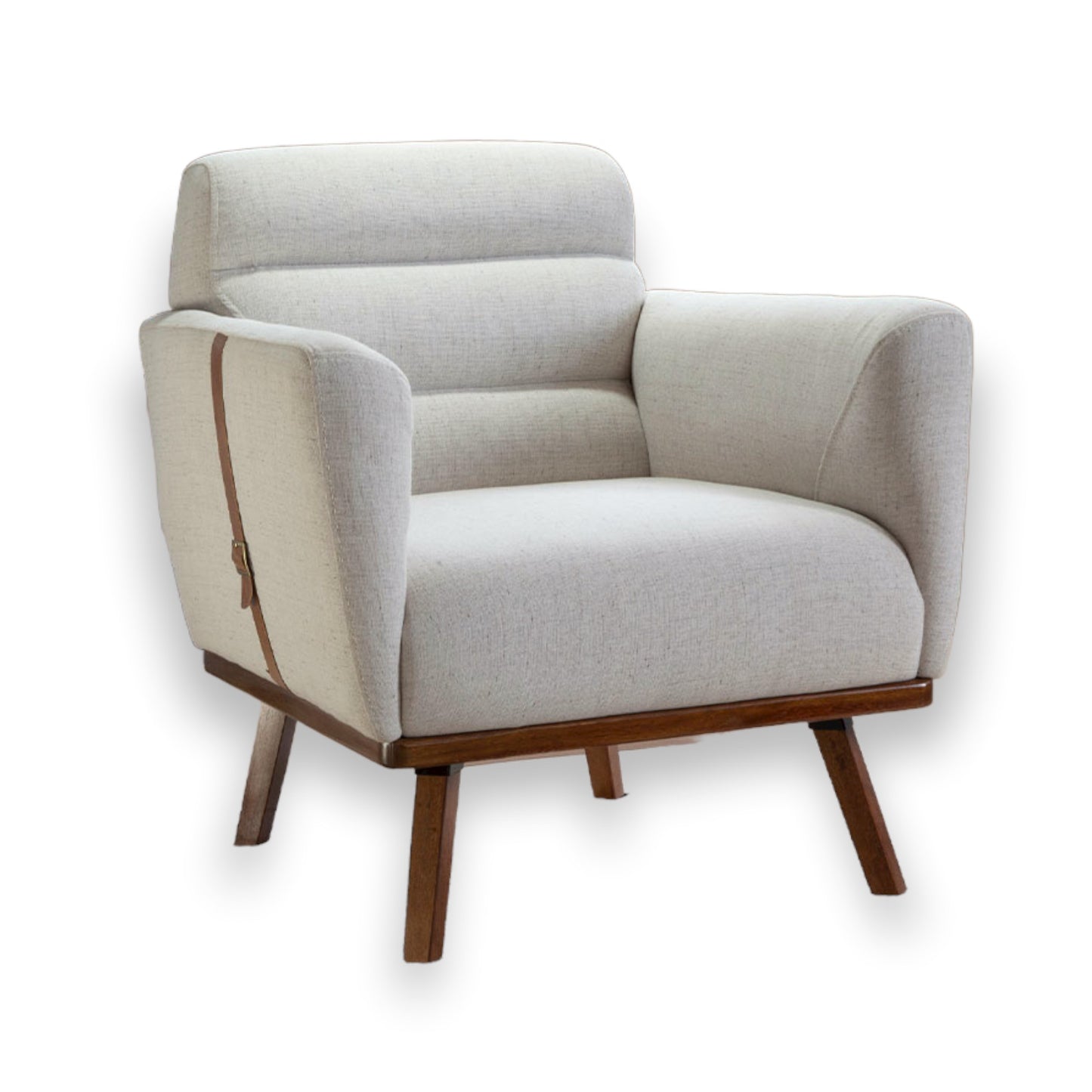 Poltrona Don cadeira decorativa pés base madeira confortável, compacta, design, estilo, braços finos 10cm, detalhe cinto couro marrom, tecido linho cru, espuma D33, percintas elásticas italianas, 75cm largura, 77cm profundidade, 83cm altura, ideal para decorar ambientes sala de estar, varanda, escritórios, recepção – Grand Mobile Móveis – Loja de Móveis e Decorações no Bairro da Mooca e Tatuapé na cidade de São Paulo no estado de SP