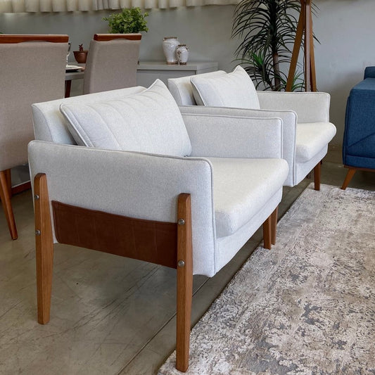 Poltrona Decorativa Fixa Mio Linho Natural Cru Base Pés Madeira Revisteiro e Almofada Encosto Solta Medida 0,88m - Grand Mobile Móveis - Loja de Móveis e Decorações no bairro da Mooca e Tatuapé na cidade de São Paulo no estado de SP