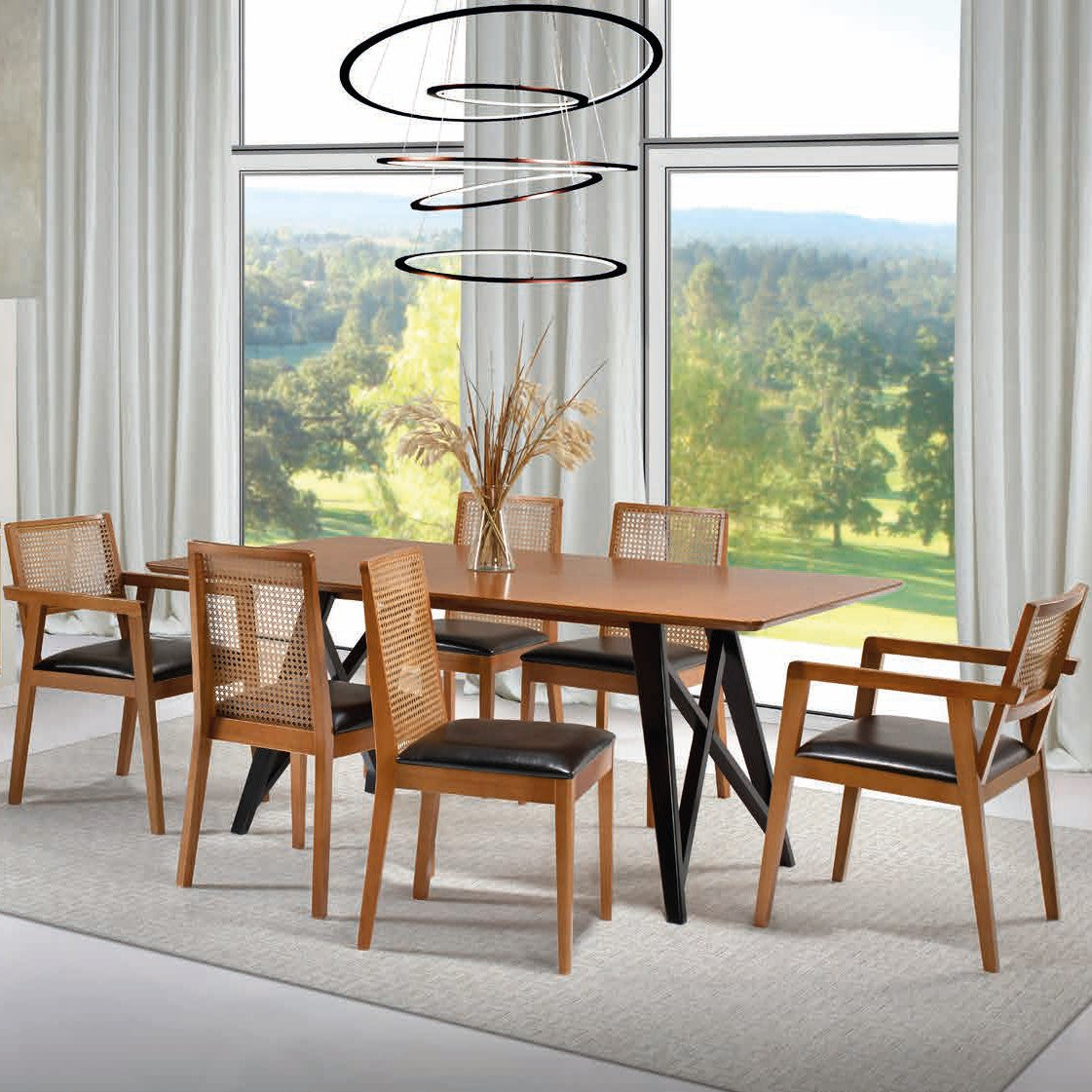 Conjunto sala de jantar Tap com mesa nas opções de medidas 1,35m x 0,90m, 1,60m x 0,90m, 1,80m x 1,00m ou 2,00m x 1,00m, base laca preta, tampo laminado madeira castanho, cadeiras e poltronas/ cadeiras com braços em madeira e encosto palha natural tela trama sextavada, assento estofado no courino preto – Grand Mobile Móveis – Loja de Móveis e Decorações no bairro da Mooca e Tatuapé na cidade de São Paulo no estado de SP
