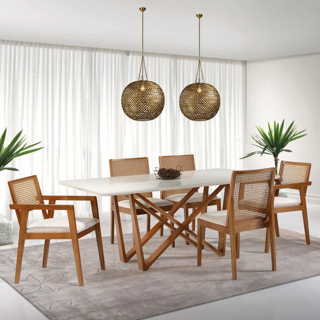 Conjunto sala de jantar mesa nas opções de medidas 1,60m x 0,90m, 1,80m x 1,00m ou 2,00m x 1,00m base madeira castanho claro tampo laca e vidro off white cadeiras e poltronas/ cadeiras com braços em madeira e encosto palha natural tela trama sextavada ou tela trama fina lisa assento estofado tecido linho – Grand Mobile Móveis – Loja de Móveis e Decorações no bairro da Mooca e Tatuapé na cidade de São Paulo no estado de SP