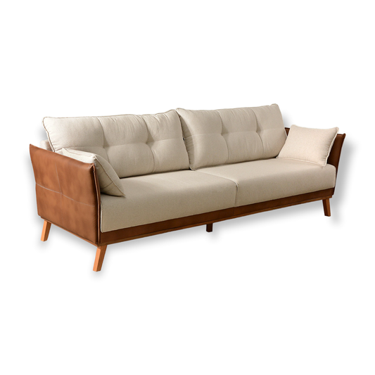 Sofá Any living fixo moderno retrô almofadas soltas decorativas linho cru bege claro braço finos couríssimo caramelo marrom pés madeira tauari espuma d33 molas bonnel medidas 1,70m, 2,20m e 2,40m, 4, 3 e 2 lugares – Grand Mobile Móveis – Loja de Móveis e Decorações no bairro da Mooca e Tatuapé na cidade de São Paulo no estado de SP