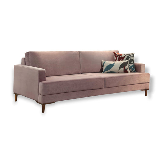 Sofá Ary fixo living estilo design moderno contemporâneo tecido veludo rosê rosa medidas 4, 3 e 2 lugares, medidas 2,40m, 2,00m e 1,50m de largura, pés madeira castanho espuma soft - Grand Mobile Móveis - Loja de Móveis e Decorações no bairro da Mooca e Tatuapé na cidade de São Paulo no estado de SP