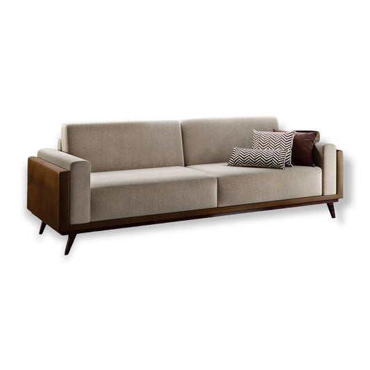 Sofá Cez fixo living estilo design moderno contemporâneo medidas 2,00m, 2,40m e 2,80m, 4, 3 e 2 lugares braços 20cm base e pés palito madeira castanho espuma soft assento e encosto tecido linho bege fendi costas e braços nobuck marrom – Grand Mobile Móveis – Loja de Móveis e Decorações no bairro da Mooca e Tatuapé na cidade de São Paulo no estado de SP