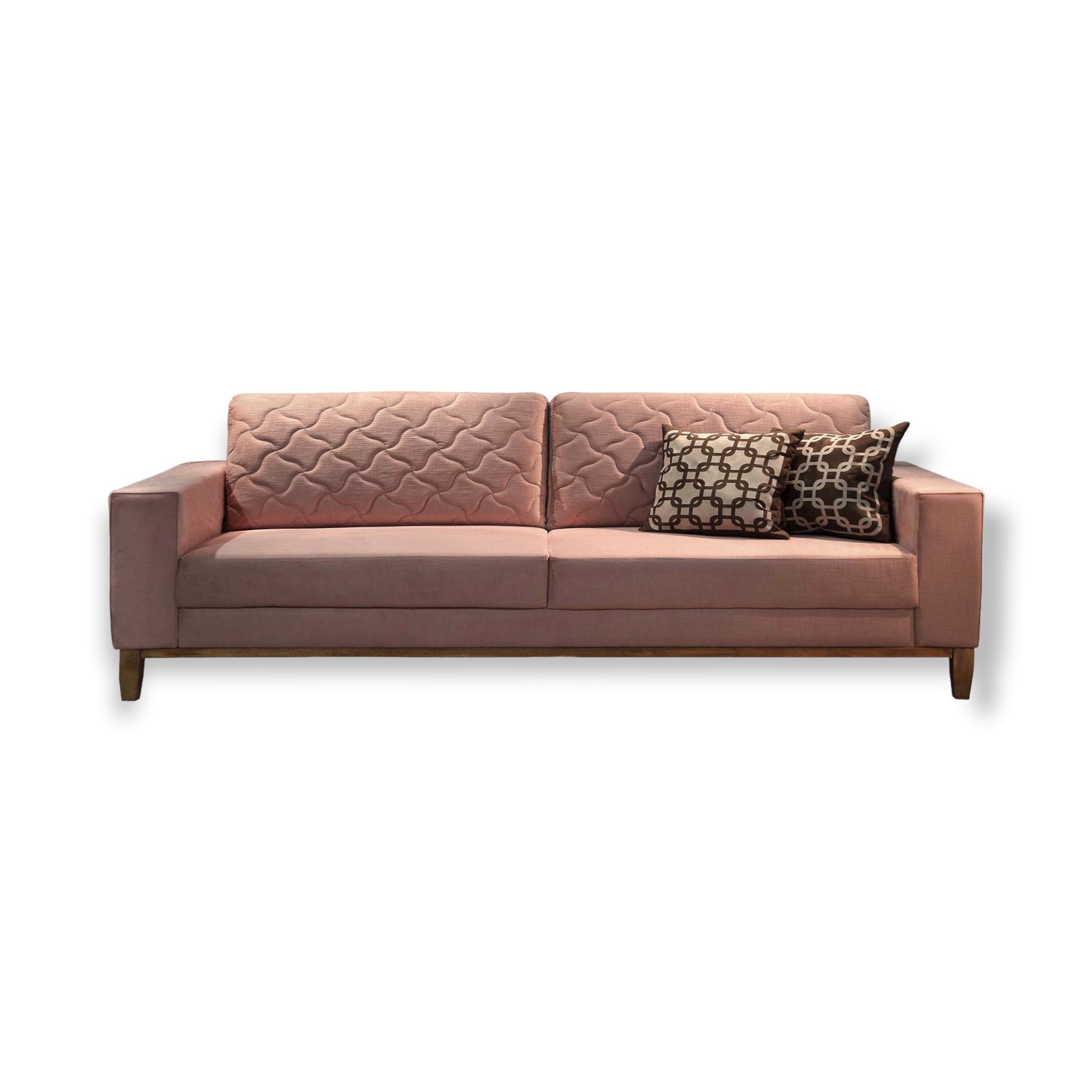 Sofá Fier fixo living estilo design moderno contemporâneo encosto matelassê tecido veludo rose rosa base pés madeira castanho espuma d33 medidas 1,65m e 2,150m, 3 e 2 lugares – Grand Mobile Móveis – Loja de Móveis e Decorações no bairro da Mooca e Tatuapé na cidade de São Paulo no estado de SP