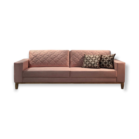 Sofá Fier fixo living estilo design moderno contemporâneo encosto matelassê tecido veludo rose rosa base pés madeira castanho espuma d33 medidas 1,65m e 2,150m, 3 e 2 lugares – Grand Mobile Móveis – Loja de Móveis e Decorações no bairro da Mooca e Tatuapé na cidade de São Paulo no estado de SP