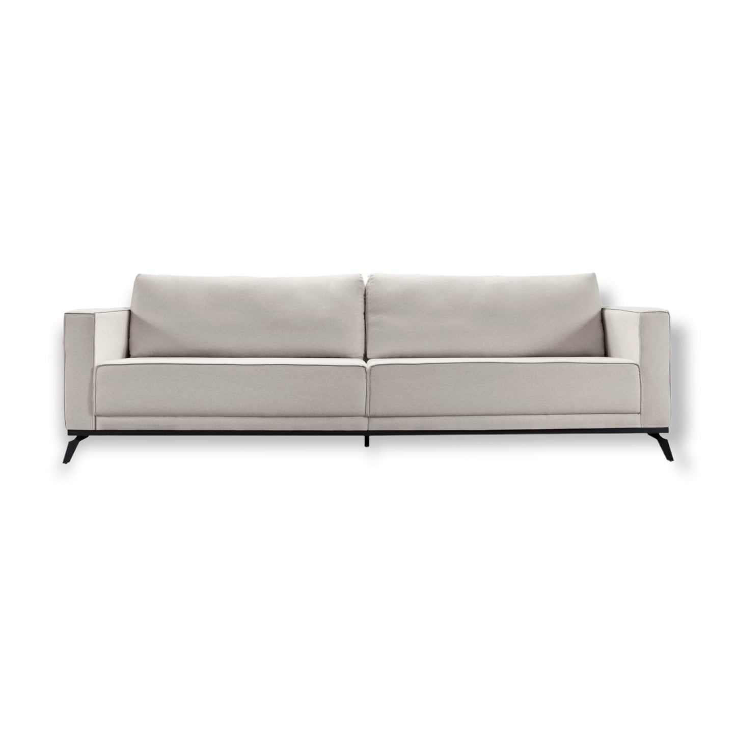 Sofá Fire fixo living linho cru bege claro design industrial base pés metal aço carbono ferro preto medidas 2,20m 3 lugares, 2,50m 4 lugares e 2,70m 5 lugares - Grand Mobile Móveis - Loja de Móveis e Decorações no bairro da Mooca e Tatuapé na cidade de São Paulo no estado de SP