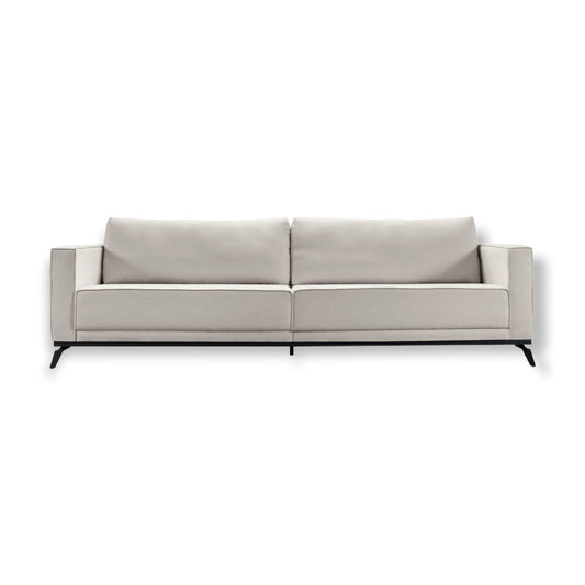 Sofá Fire fixo living linho cru bege claro design industrial base pés metal aço carbono ferro preto medidas 2,20m 3 lugares, 2,50m 4 lugares e 2,70m 5 lugares - Grand Mobile Móveis - Loja de Móveis e Decorações no bairro da Mooca e Tatuapé na cidade de São Paulo no estado de SP