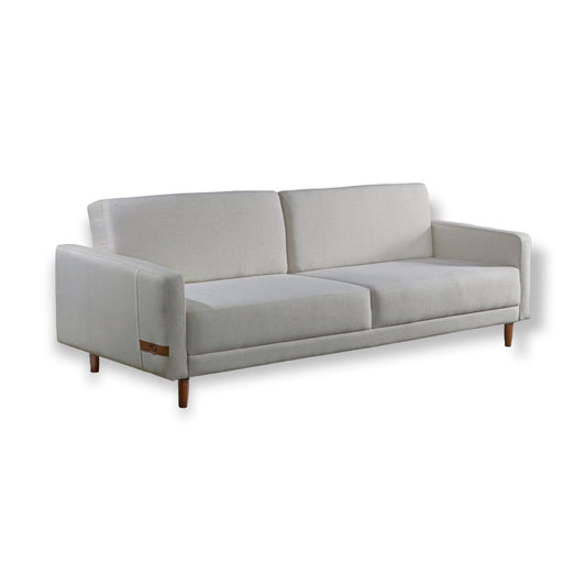 Sofá Gabi fixo living estilo design moderno contemporâneo braços finos 10cm detalhe  detalhe de tira de couro ecológico tecido linho cru pés madeira castanho espuma d33 medidas 2,00m, 2,20m e 2,40m, 5, 4 e 3 lugares – Grand Mobile Móveis – Loja de Móveis e Decorações no bairro da Mooca e Tatuapé na cidade de São Paulo no estado de SP