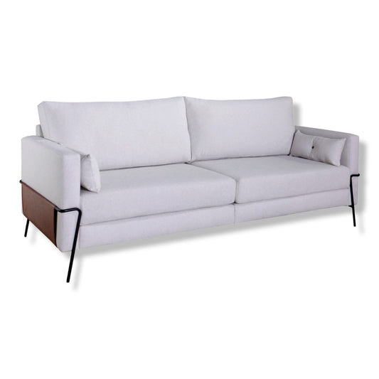 ofá Living Fixo Pot Tecido Bege Cru, design industrial moderno e contemporâneo, nas opções de medidas 1,55m, 2,10m, 2,40m e 2,80m, 2, 3, 4 e 5 lugares, detalhe braços couro ecológico marrom, pés ferro preto, confortável e elegante - Grand Mobile Móveis - Loja de Móveis e Decorações na cidade de São Paulo no estado de SP