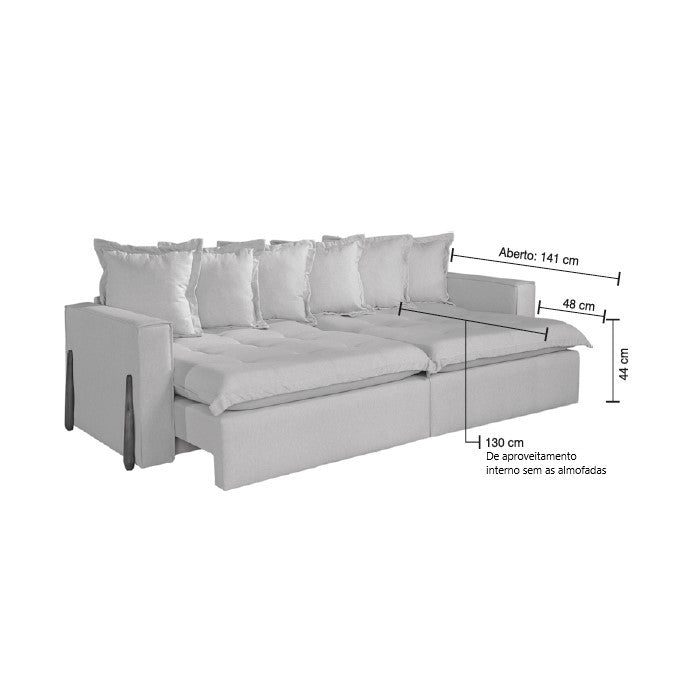 Compacto Sofá Retrátil Sem Caixa Pequena Menor Profundidade Veludo Bege Pillow Top 6 Almofadas Soltas Medidas: 1,70m, 1,80m, 1,90m, 2,00m, 2,10m, 2,20m, 2,30m, 2,40m, 2,50m, 2,60m, 2,70m e 2,80m, assentos 0,70m, 0,80m, 0,90m, 1,00m, 1,10m e 1,20m e braços 0,15m e 0,20m. Pouca profundidade 0,95m fechado e 1,40m aberto - Grand Mobile Móveis - Loja de Móveis e Decorações no Bairro da Mooca e Tatuapé na cidade de São Paulo no estado de SP