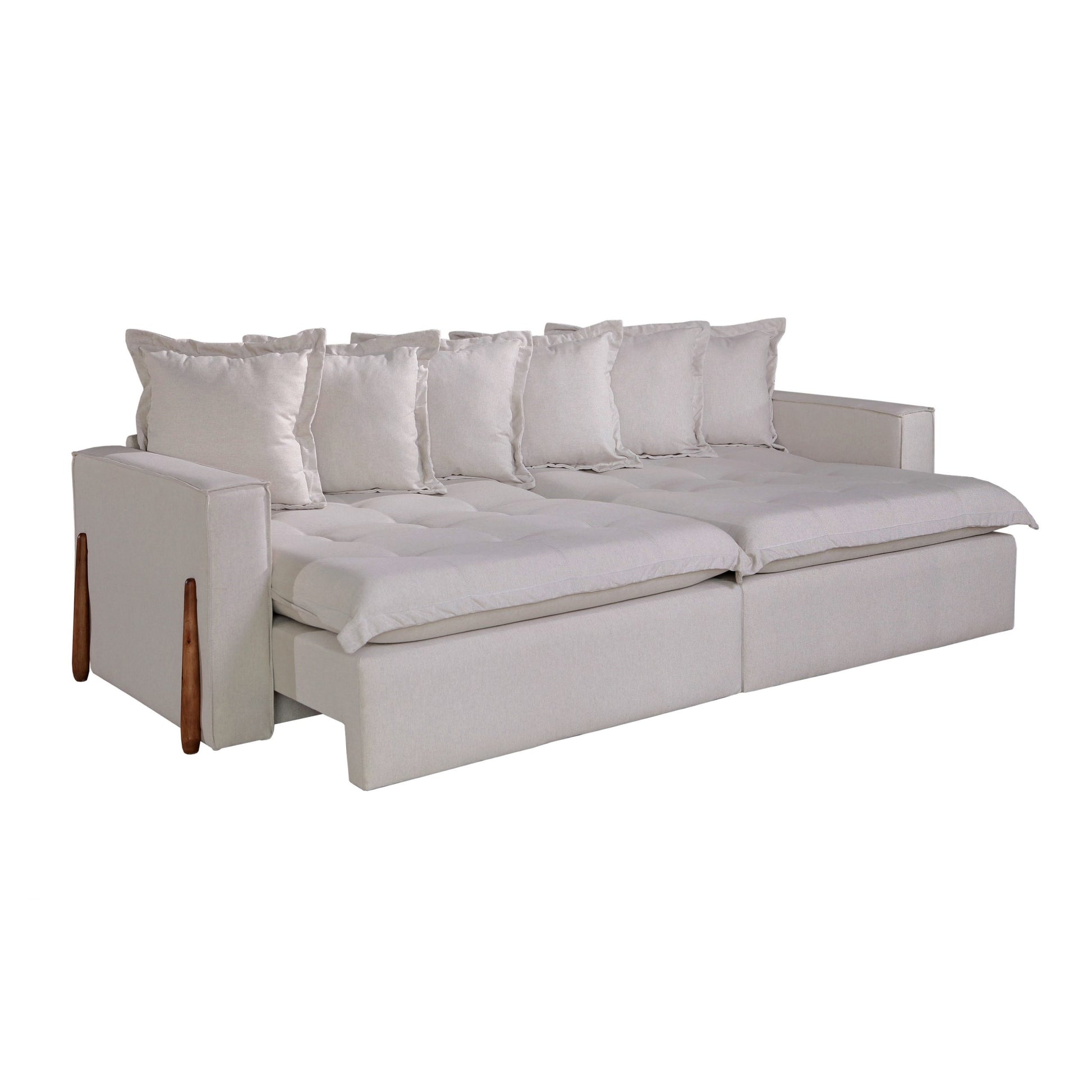 Compacto Sofá Retrátil Sem Caixa Pequena Menor Profundidade Veludo Bege Pillow Top 6 Almofadas Soltas Medidas: 1,70m, 1,80m, 1,90m, 2,00m, 2,10m, 2,20m, 2,30m, 2,40m, 2,50m, 2,60m, 2,70m e 2,80m, assentos 0,70m, 0,80m, 0,90m, 1,00m, 1,10m e 1,20m e braços 0,15m e 0,20m. Pouca profundidade 0,95m fechado e 1,40m aberto - Grand Mobile Móveis - Loja de Móveis e Decorações no Bairro da Mooca e Tatuapé na cidade de São Paulo no estado de SP