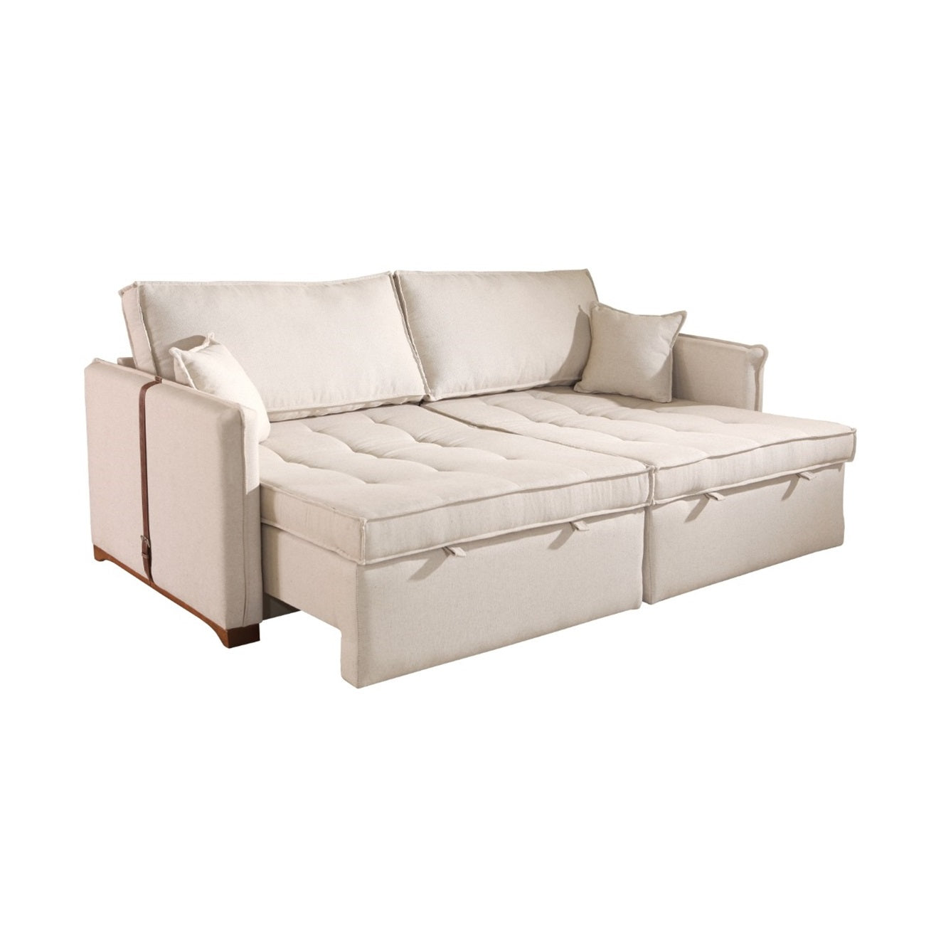 Sofá Retrátil Sem Caixa Veludo Bege Claro Pillow Top Max Almofadas Encosto Soltas Detalhe Couro Braços Várias opções de medidas: 1,64m (2 assento 0,70m), 1,84m (2 assentos 0,80m), 2,04m (2 assentos 0,90m), 2,24m (2 assentos 1,00m), 2,44m (2 assentos 1,10m), 2,64m (2 assentos 1,20m) 0,95m profundidade fechado, 1,40m aberto, espuma D28, molas, pillow top, braço pequeno fino 0,12m - Grand Mobile Móveis - Loja de Móveis e Decorações no bairro da Mooca e Tatuapé na cidade de São Paulo no estado de SP