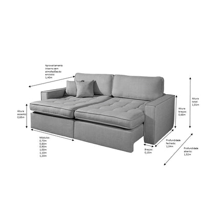 Compacto sofá retrátil sem caixa pouca profundidade, braços finos 15cm, almofadas do encosto soltas, 2 almofadas decorativas, pillow top, molas ensacadas pocket, medidas 1,70m, 1,90m, 2,10m, 2,30m, 2,50m, 2,70m, assentos 0,70m, 0,80m, 0,90m, 1,00m, 1,10m e 1,20m, profundidade 1,04m fechado e 1,52m aberto, linho cinza - Grand Mobile Móveis - Loja de Móveis e Decorações no bairro da Mooca e Tatuapé na cidade de São Paulo no estado de SP