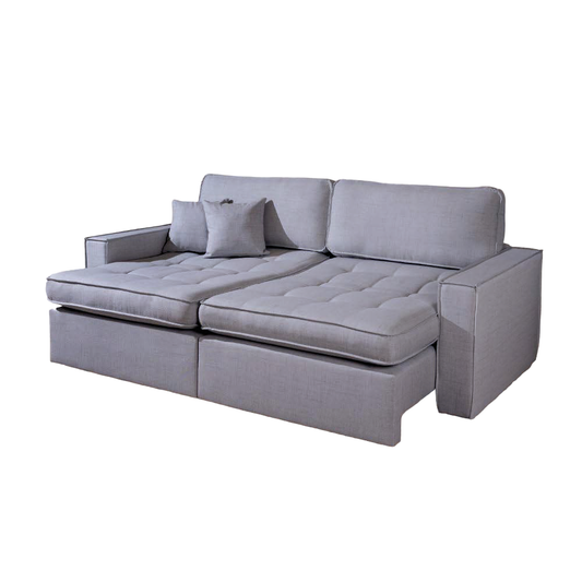 Compacto sofá retrátil sem caixa pouca profundidade, braços finos 15cm, almofadas do encosto soltas, 2 almofadas decorativas, pillow top, molas ensacadas pocket, medidas 1,70m, 1,90m, 2,10m, 2,30m, 2,50m, 2,70m, assentos 0,70m, 0,80m, 0,90m, 1,00m, 1,10m e 1,20m, profundidade 1,04m fechado e 1,52m aberto, linho cinza - Grand Mobile Móveis - Loja de Móveis e Decorações no bairro da Mooca e Tatuapé na cidade de São Paulo no estado de SP