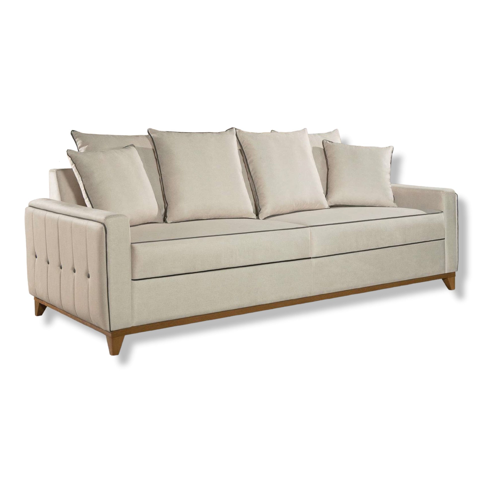 Sofá Living Fixo sara Tecido Linho Bege Claro e Debrum Veludo Preto, design moderno e contemporâneo, nas opções de medidas 1,50m, 1,90m, 2,10m, 2,30m, 2 e 3 lugares, detalhe nos braços e almofadas em debrum, base e pés em madeira, confortável e elegante - Grand Mobile Móveis e Decorações no bairro da Mooca e Tatuapé na cidade de São Paulo no estado de SP