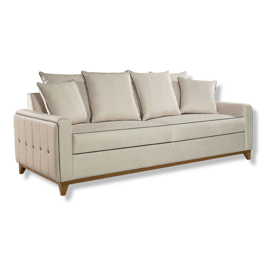 Sofá Living Fixo sara Tecido Linho Bege Claro e Debrum Veludo Preto, design moderno e contemporâneo, nas opções de medidas 1,50m, 1,90m, 2,10m, 2,30m, 2 e 3 lugares, detalhe nos braços e almofadas em debrum, base e pés em madeira, confortável e elegante - Grand Mobile Móveis e Decorações no bairro da Mooca e Tatuapé na cidade de São Paulo no estado de SP